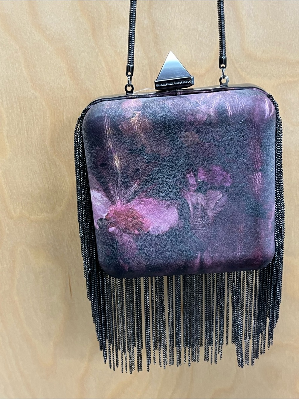NWOT Monika Chiang Fringe Chain Evening Bag in Purple Tie Dye Print